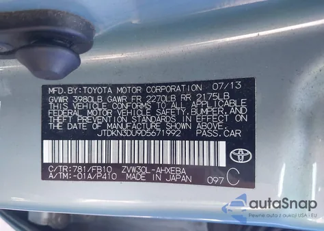 2013 Toyota Prius Three z USA, uszkodzony, nr VIN JTDKN3DU9D5671992